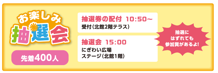 にぎわい広場「お楽しみ抽選会」先着400人・15時から 抽選券の配布・10時50分から